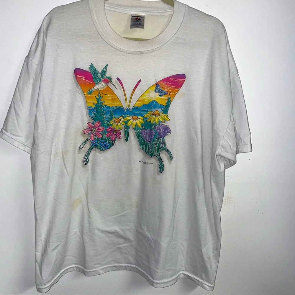 Vintage colorful butterfly white t-shirt xl unisex mens Lisa Frank 90s